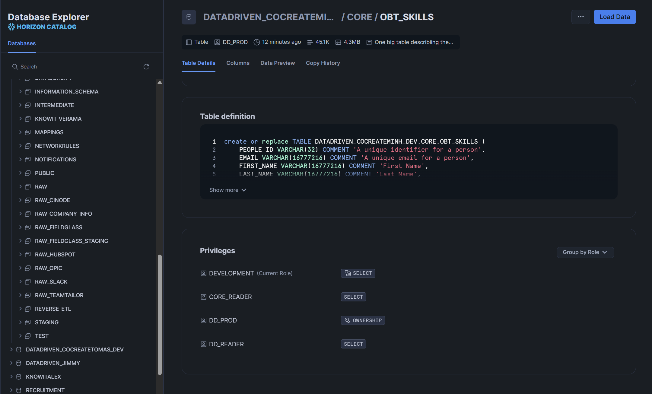 Screenshot of Snowflake webUI